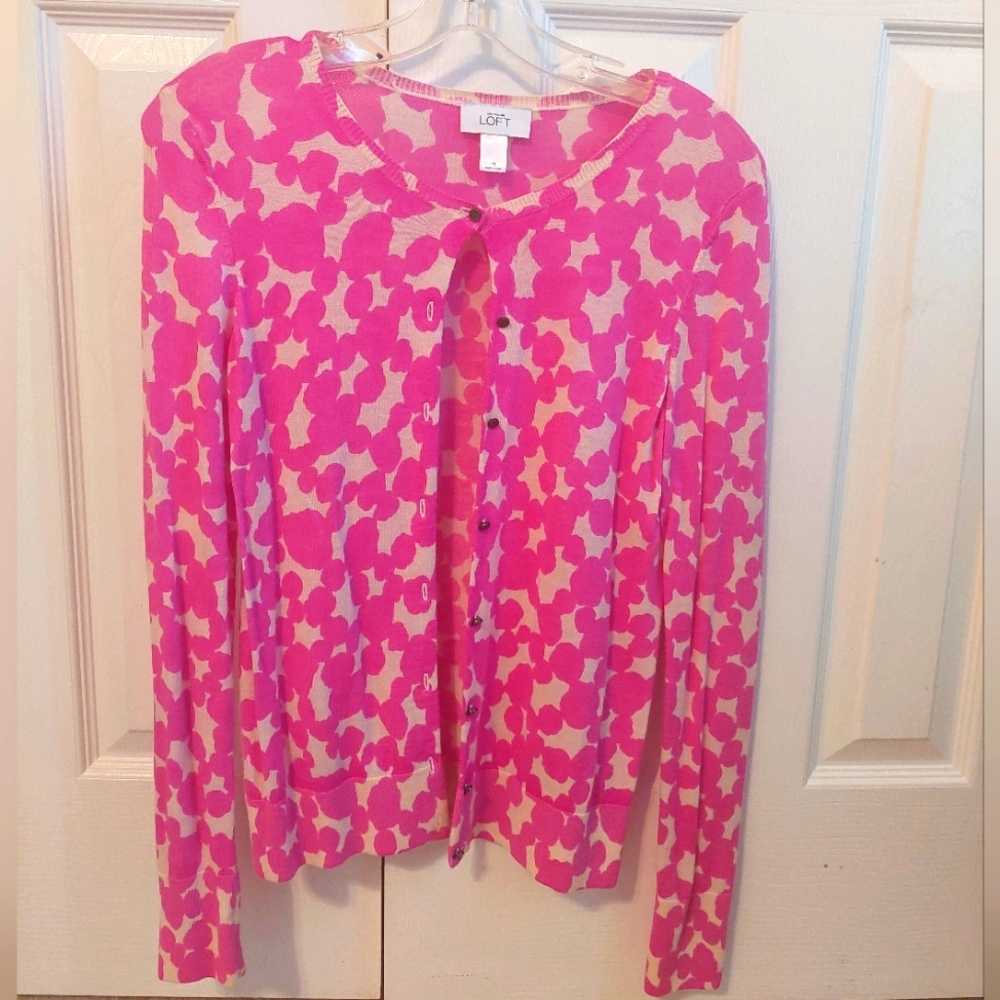 LOFT Vibrant Pink and Cream Cardigan